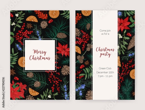 Bundle of Christmas flyer, card or party invitation templates decorated with hand drawn seasonal plants. Holiday vector illustration in elegant realistic style for event announcement or promotion.