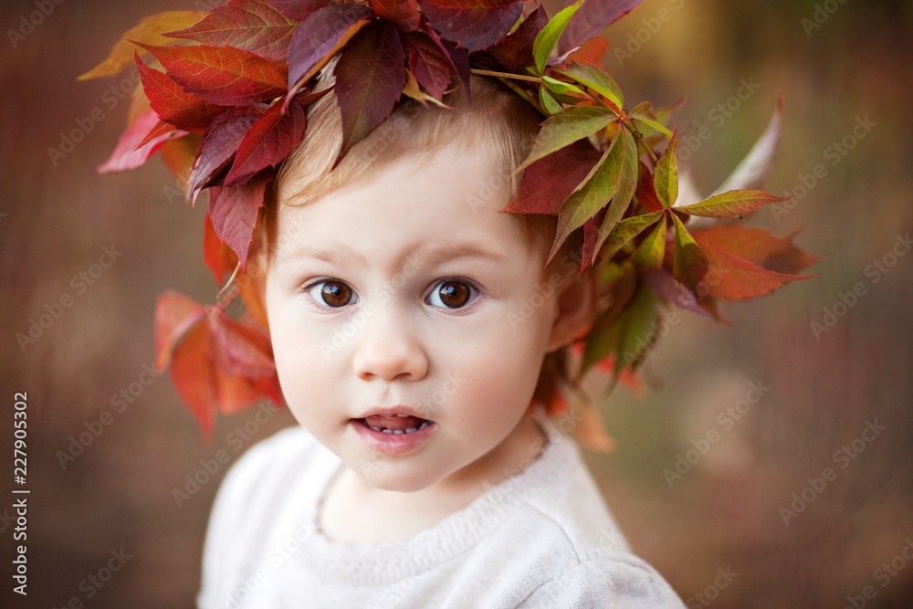Autumn close up portrait of little  girl. Pretty little girl with red grape leaves in autumn park. Autumn activities for children. Halloween and Thanksgiving time fun for family.