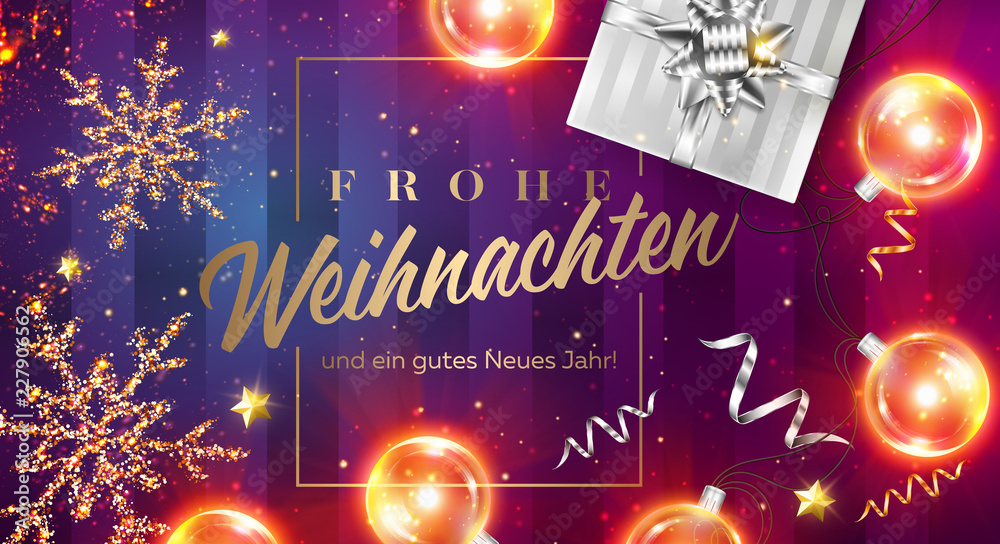 Naklejka premium Frohe Weihnachten und ein gutes neues Jahr Vector Card. Merry Christmas and Happy New Year in German. Xmas Poster Template with Frame, Black Gift Box, Ribbon, Christmas Lights, Golden Glittering Star.