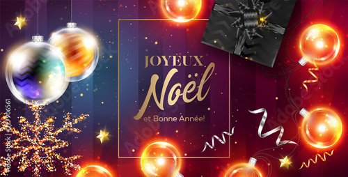 Joyeux Noel et Bonne Annee Vector Card. Merry Christmas and Happy New Year in French. Festive Xmas 2019 Poster Template with Frame, Black Gift Box, Ribbon, Christmas Lights, Golden Glittering Star.