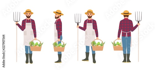 Farmer isolated on white background. Agricultural worker wearing apron and straw hat holding basket full of harvested vegetables and pitchfork. Front, back and side views. Cartoon vector illustration.