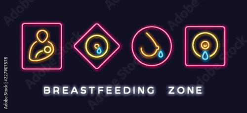 Set of neon sign for breastfeeding room. Vector illustration
