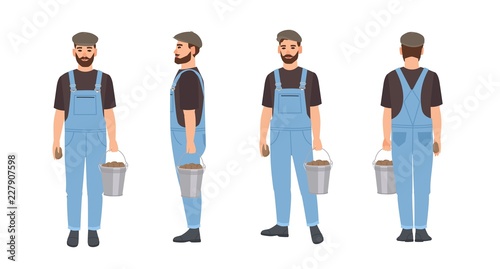 Bearded farmer isolated on white background. Agricultural worker wearing dungarees and cap, carrying bucket full of harvested potatoes. Front, back and side views. Flat cartoon vector illustration.