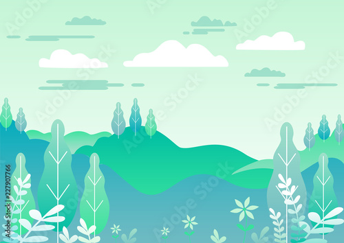 Village landscape in trendy flat and linear style vector illustration. Mountains and hills, flowers and trees, abstract background with copy space for header images for websites, banners, covers