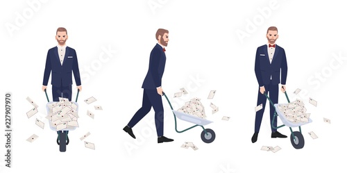 Angry bearded man dressed in elegant formal suit carrying wheelbarrow full of...