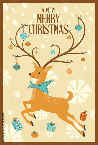 Abstract Merry Christmas Greeting Card Mid Century Mod Reindeer Design © Raftel