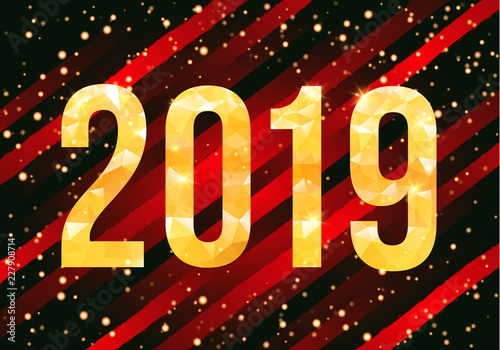 2019 Happy New Year. Golden numbers with confetti background. Template for your seasonal flyers and greetings card. Vector illustration.