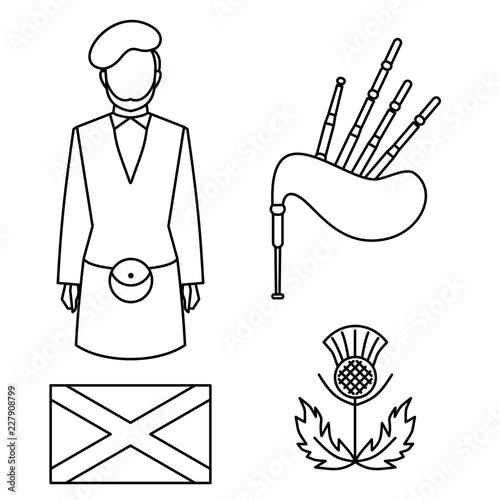 Line symbol of Scotland, United Kingdom. sightseeing Travel icon of Great Britain. Man bagpiper in national traditional clothing, scottish musical instrument bagpipe, flag and thistle sign