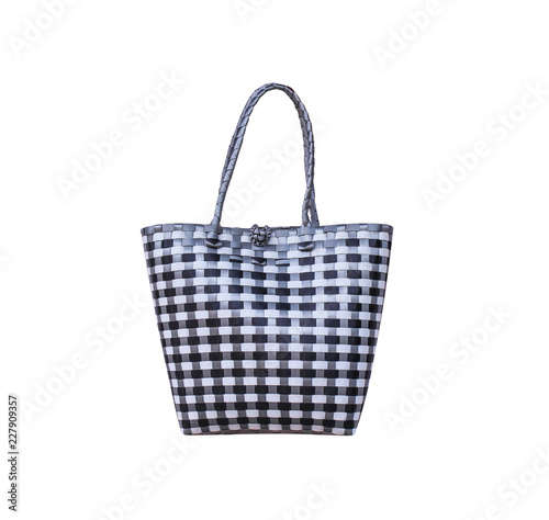 White and black plastic woven bag patterns with handle isolated on white background