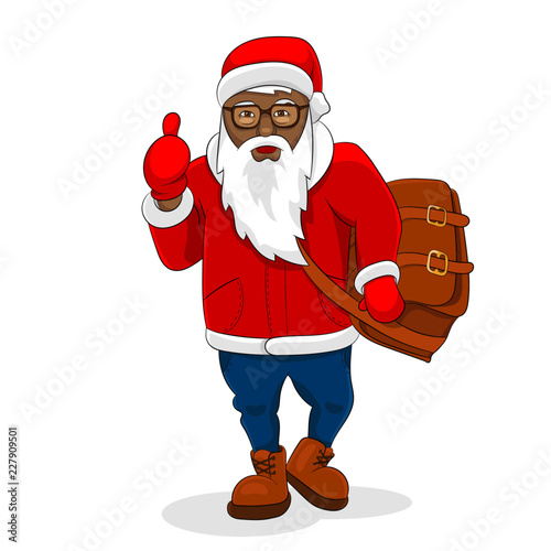 African black santa claus trendy clothes big bag show thumb up