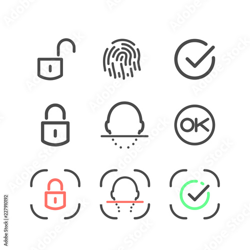Icon set identification and unlock system on white background. Isolated Face id and Touch id linear logo collection