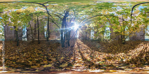 Fototapeta Naklejka Na Ścianę i Meble -  Full seamless spherical cube 360 by 180 degrees angle view panorama inside ancient abandoned destroyed stone tomb in autumn forest in equirectangular projection. Ready for VR AR content
