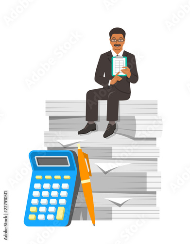 Accountant in business suit sits on stack of papers. Tax payment calculation concept. Accounting documents with calculator and pen. Vector flat illustration. Financial statements metaphor