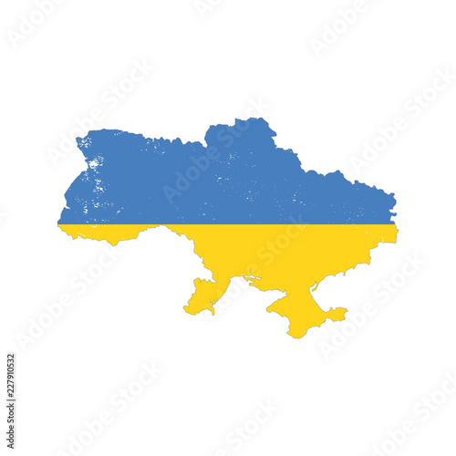Ukraine country silhouette with flag on background, isolated on white