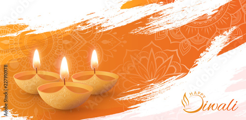 Happy Diwali poster with oil lamps and traditional pattern.