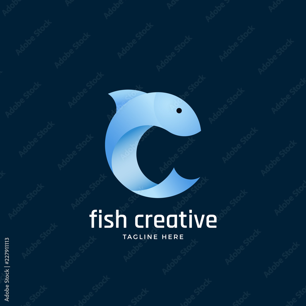 Fish Creative Abstract Vector Sign, Emblem or Logo Template. Silhouette in the Form of Letter C. Light Blue Clean Gradient Color.