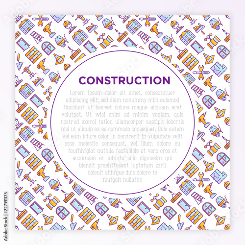 Construction concept with thin line icons: builder in helmet, work tools, brickwork, floor plan, plumbing, drill, trowel, traffic cone, stepladder, jackhammer. Vector illustration for print media.