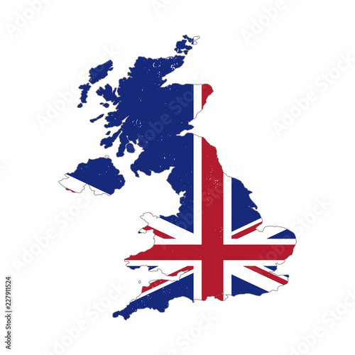 United Kingdom country silhouette with flag on background, isolated on white