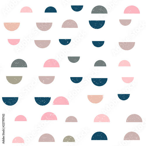 Modern vector abstract seamless geometric pattern with semicircles in retro scandinavian style. Worn out textured shapes in fun soft pastel colors combinations.