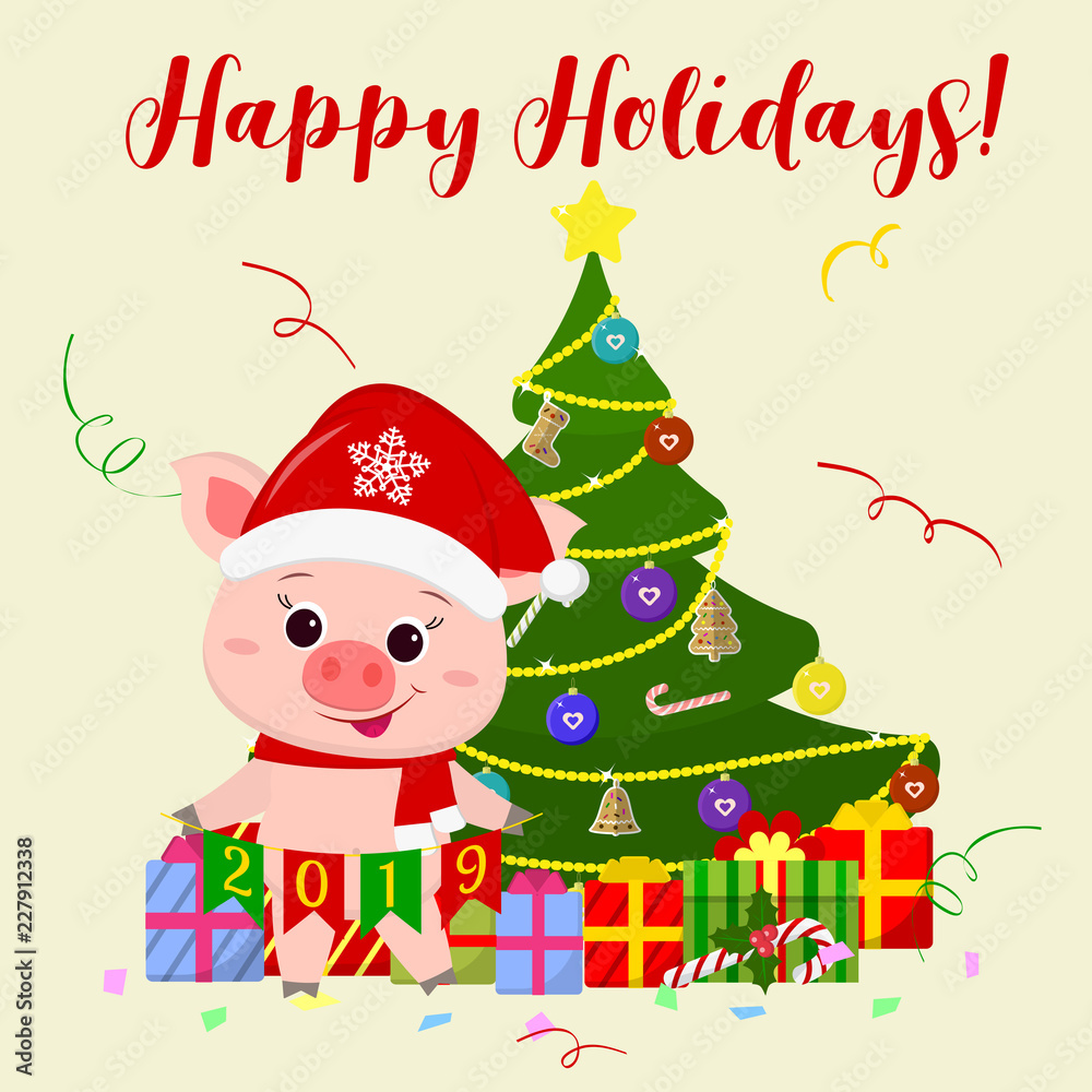 Happy New Year and  Christmas  card. A cute pig wearing a Santa Claus hat and scarf is standing next to a tree and holding flags from 2019. The symbol of the new year in the Chinese calendar. Vector