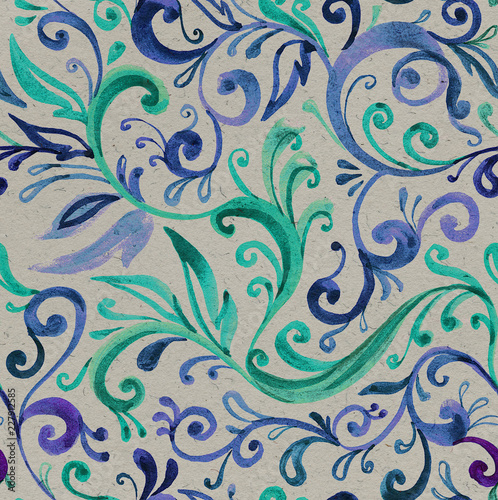 Blue green flowers ornament. Hand drawn seamless pattern. Wallpaper.