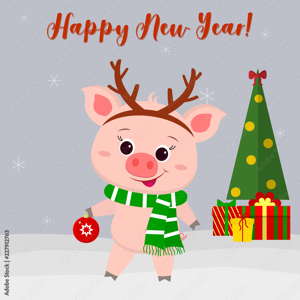 Naklejka premium Happy New Year and Christmas greeting card. Cute pig in a deer costume holding a Christmas ball. Christmas tree, gifts and snowflakes. The symbol of the new year in the Chinese calendar. 2019. Vector