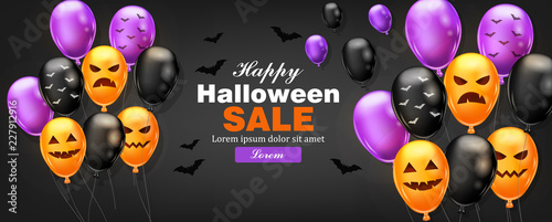 Happy Halloween card with colorful balloons Vector. Dark color backgrounds