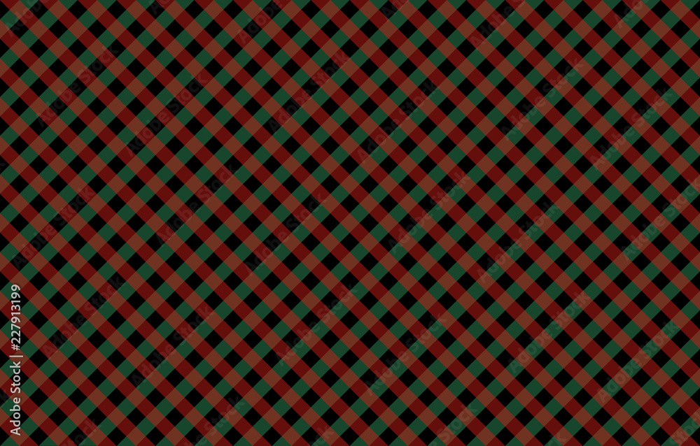 Diagonal Gingham-like pattern with red and green checks. Seamless design of symmetrical overlapping stripes in a two colors against a contrasting black background, wrapping paper or wallpaper ideas.