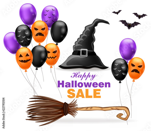 Happy Halloween sale with witch hat and colorful balloons Vector illustrations