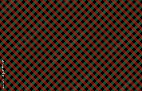 Diagonal Gingham-like pattern with red and green checks. Seamless design of symmetrical overlapping stripes in a two colors against a contrasting black background, wrapping paper or wallpaper ideas.