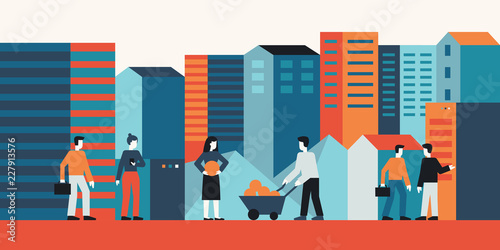 Vector illustration in flat simple style with small characters  -  bitcoin and business concept