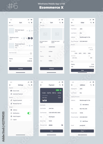 Wireframe kit for mobile phone. Mobile App UI, UX design. New ecommerce screens: cart, order, address, settings, payment.
