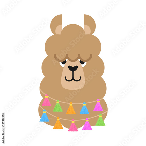 Cute simple llama head vector illustration. Brown llama, alpaca head, face with ears, eyes and nose. Fluffy llama animal with colorful fringed tassels on string around neck, isolated.