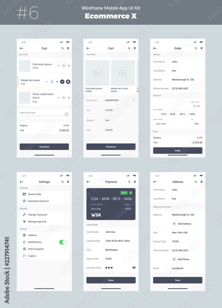 Wireframe kit for mobile phone. Mobile App UI, UX design. New ecommerce screens: cart, order, address, settings, payment. Wireframe kit for mobile phone. Mobile App UI, UX design. New ecommerce screens: cart, order, address, settings, payment.