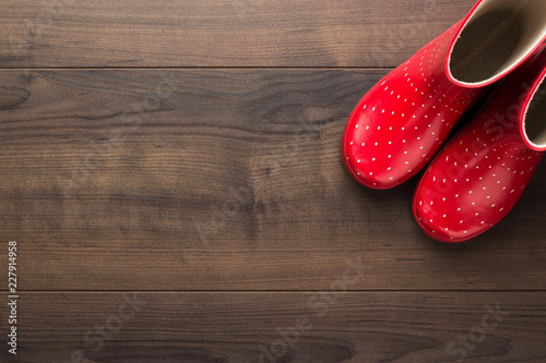new red children's stylish gumboots on wooden floor with some copy space