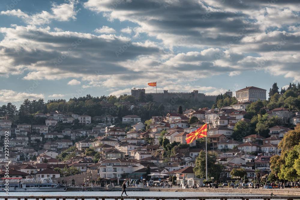 Obraz premium Ohrid city panorama with fort and flags in Macedonia