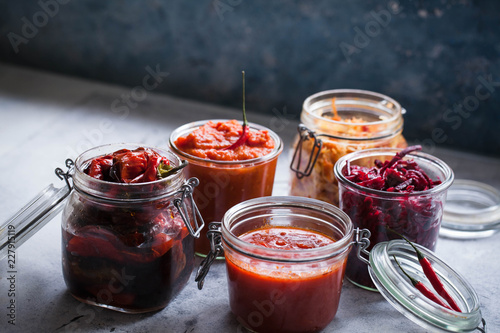 Принти на полотні Fermented preserved jars red cabbage, beetroot, tomato sauce, red peppers fried
