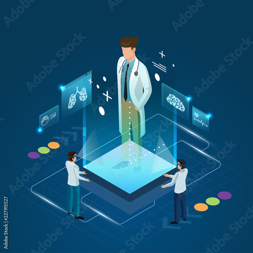 The professional doctor and hologram meeting online diagnosis treatment concept.