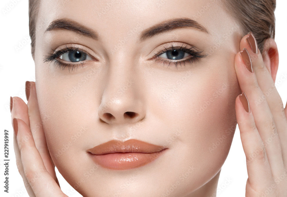 Beautiful woman face with make up and beauty healthy skin and hair portrait. Studio shot. Beautiful woman face with make up and beauty healthy skin and hair portrait. Studio shot.