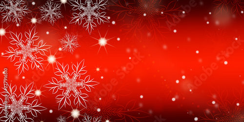 Red gradient background with snowflakes. 