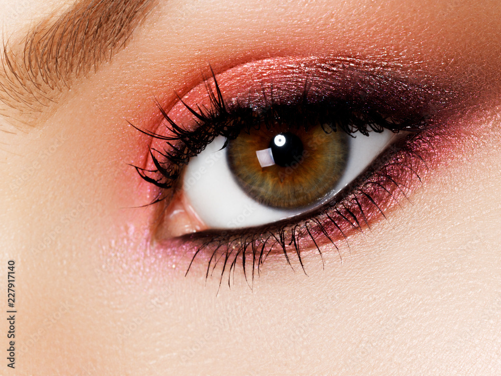 Obraz premium Beautiful macro shot of female eye with extreme long eyelashes and black liner makeup. Perfect shape makeup and long lashes. Cosmetics and makeup. Closeup macro shot of fashion eyes visage
