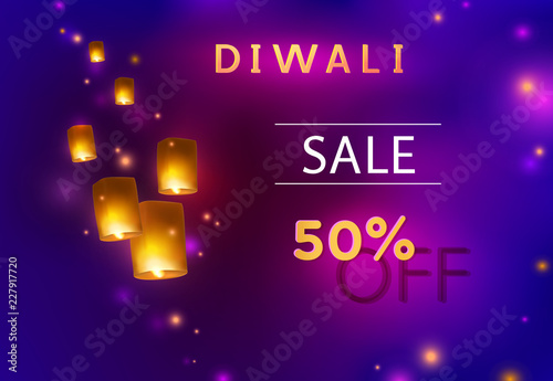 Diwali offer and flying china paper lamps, festival floating lanterns. 50 off discount sale poster on dark night sky background. Vector promo banner with indian lights.
