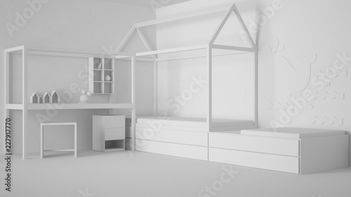 Total white project of children bedroom with single bed and desk, minimalist architecture interior design