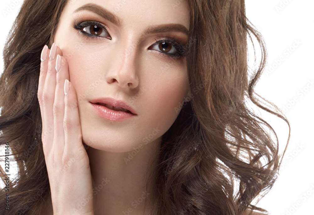 Beautiful brunette woman healthy skin beautiful makeup and eyes isolated on white cosmetic concept hair Beautiful brunette woman healthy skin beautiful makeup and eyes isolated on white cosmetic concept hair