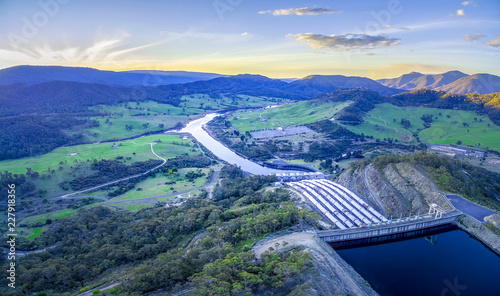 Aerial panoramic landscape of Tumut river, power station and mountains