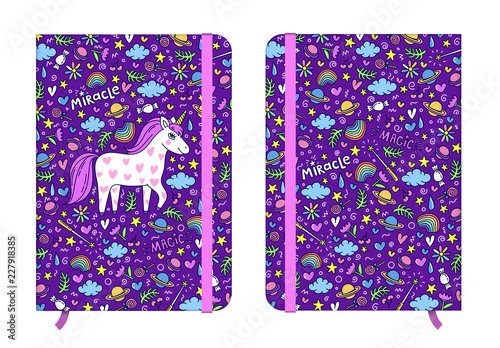 Fototapeta Naklejka Na Ścianę i Meble -  Violet copybook template with elastic band and bookmark with Cute handdrawn unicorn pattern. Unicorn and magic stuff. Girls note, magic diary. Miracle and magic creature.