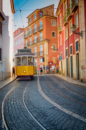 Vintage tram in the city center of Lisbon Portugal in summer day.