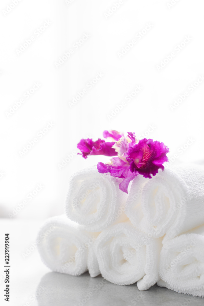 Towels on table with copy space blurred bathroom background. For product display montage. Towels on table with copy space blurred bathroom background. For product display montage.