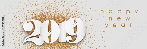 2019 Banner für Silvester im Papierstil mit goldenen Sternen