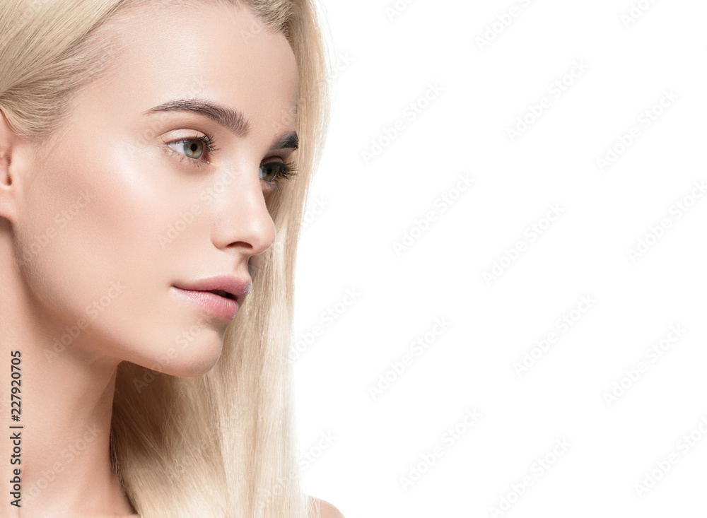 Beautiful blonde girl portrait, woman face with perfect long hairstyle. Beautiful blonde girl portrait, woman face with perfect long hairstyle.